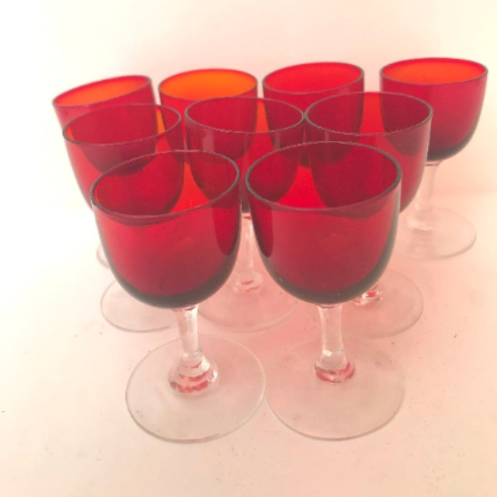 Set of (9) Vintage Red Cordial  Shot Clear Stemmed Glasses 2.75" High- 1 ounce
